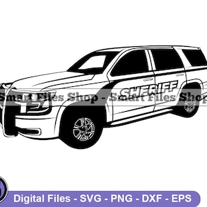May include: Black and white silhouette of a sheriff's SUV with a grill guard and the word "SHERIFF" on the side.
