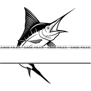 Könnte beinhalten: Schwarz-weiße Silhouette eines Marlines, der aus dem Wasser springt. Der Fisch ist nach rechts gerichtet und hat einen langen, spitzen Schnabel. Der Fisch springt über eine horizontale Linie.