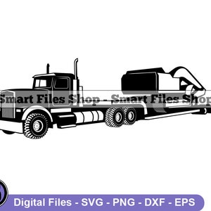 Lowboy Truck Hauling an Excavator Svg, Lowboy Trailer Svg, Truck Svg, Trucker Svg, Truck Dxf, Truck Png, Truck Clipart, Truck Files, Eps