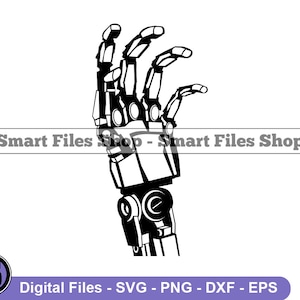 May include: Black and white silhouette of a robotic hand with multiple joints and fingers. The hand is in a grasping position, with the fingers extended and slightly curled.
