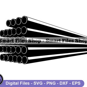 Puede incluir: Silueta en blanco y negro de tuberías apiladas. Las tuberías están dispuestas en forma escalonada, siendo la tubería superior la más grande y la inferior la más pequeña. Todas las tuberías tienen el mismo ancho, pero varían en longitud. La imagen es un diseño geométrico simple, perfecto para usar en una variedad de proyectos.