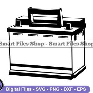 May include: Black and white line art illustration of a car battery. The battery has a rectangular shape with a handle on top and two terminals on the sides.