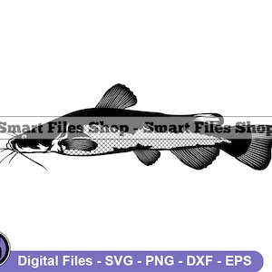 May include: Black and white silhouette of a catfish with a long body and fins. The fish is facing left and has a long whisker.