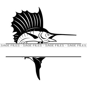 May include: Black and white silhouette of a marlin fish jumping out of the water. The fish has a long, pointed bill and a dorsal fin that is spread out. The fish is jumping out of the water with its mouth open. The image is perfect for a logo or design element.