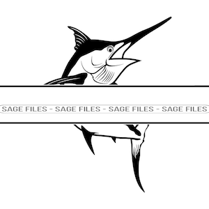 Peut inclure: Silhouette noire et blanche d'un marlin sautant hors de l'eau, la gueule ouverte. Le poisson est coupé en deux par une ligne horizontale avec le texte "SAGE FILES" répété quatre fois.