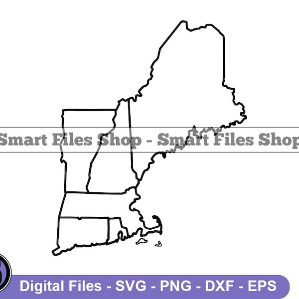 New England Map Outline Svg, New England Svg, States Svg, New England Dxf, New England Png, New England Clipart, New England Files, Eps