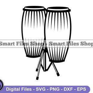 May include: A black and white line art illustration of two conga drums with a stand. The drums are side by side and have a striped pattern.