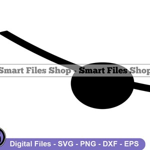 May include: Black and white silhouette of a pirate eye patch. The eye patch is made of a curved strap and a round eye cover.