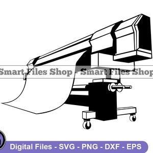May include: Black and white line art illustration of a large format printer with a roll of material feeding through it. The printer has a large, rectangular base with wheels and a long, narrow arm that extends out to the right. The roll of material is being fed through the printer from the left side and is being printed on as it moves through the machine.