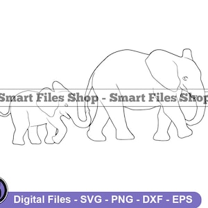 Puede incluir: Ilustración de línea de arte de dos elefantes, uno grande y uno pequeño, caminando uno al lado del otro. Los elefantes están mirando hacia el lado derecho de la imagen. El elefante más grande tiene la trompa enroscada hacia arriba. El elefante más pequeño tiene la trompa enroscada hacia abajo. La imagen está en blanco y negro.