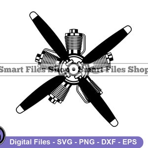 May include: Black and white silhouette of a radial engine with five propellers. The engine has a detailed design with multiple cylinders and a central crankshaft.