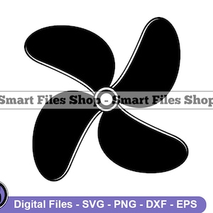 May include: Black and white silhouette of a four-blade propeller.