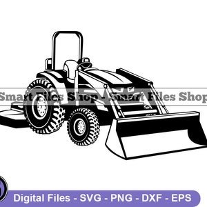 May include: Black and white silhouette of a tractor with a front loader. The tractor has a large front tire and a smaller back tire. The front loader is raised up.