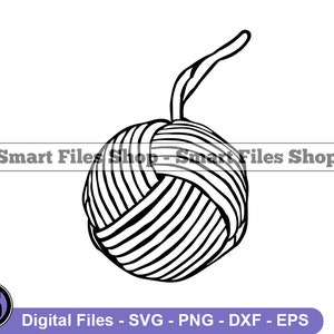 May include: Black and white line art illustration of a ball of yarn with a long tail.
