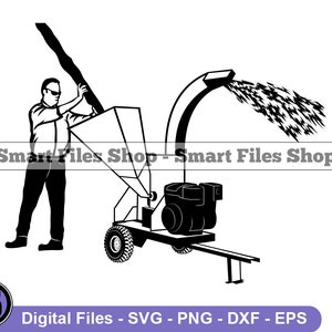 May include: Black and white illustration of a person feeding wood into a wood chipper. The chipper has a large hopper and a chute that directs the wood chips into a bag. The person is wearing a long-sleeved shirt and pants.