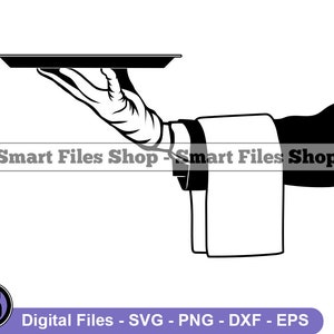 May include: Black and white silhouette of a waiter holding a serving tray. The waiter is wearing a white shirt and a black vest. The text "Smart Files Shop" is visible on the image.