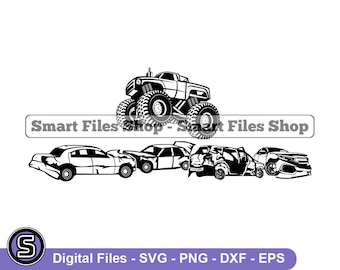 Monster Truck Smashing Cars Svg, Monster Truck Svg, Demolition Derby Svg, Monster Truck Dxf, Monster Truck Png, Clipart, Files, Eps