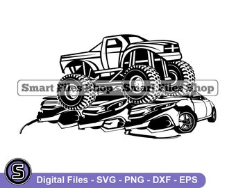 Monster Truck Smashing Cars #2 Svg, Monster Truck Svg, Demolition Derby Svg, Monster Truck Dxf, Monster Truck Png, Clipart, Files, Eps