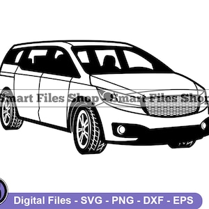May include: A black and white line drawing of a minivan. The minivan has a front grille with a honeycomb pattern.
