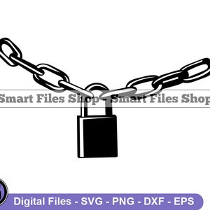 May include: Black and white silhouette of a padlock with a chain attached to it. The chain is looped around the padlock.