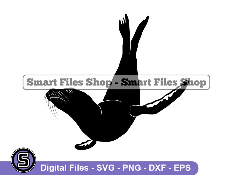 May include: Black silhouette of a seal with its flippers in the air, as if it is diving into the water. The seal is facing to the right of the image.