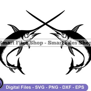 May include: Black and white silhouette of two swordfish crossing each other in the middle. The swordfish are facing opposite directions and their swords are crossed.