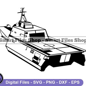 May include: Black and white line art illustration of a military ship. The ship has a long, narrow hull with a raised deck and a large, rectangular superstructure. The ship has a single mast with a radar antenna on top.