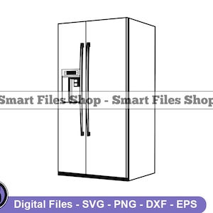 Puede incluir: Un dibujo en blanco y negro de una nevera con un compartimento congelador en la parte superior y una puerta con un asa a cada lado.