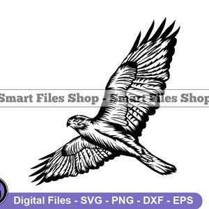 May include: Black and white silhouette of a hawk in flight with wings spread wide. The hawk is facing to the right of the image.