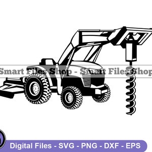 May include: Black and white silhouette of a tractor with an auger drill attachment. The tractor has a large front tire and a smaller rear tire. The auger drill is attached to the back of the tractor and is in a vertical position.