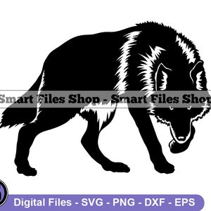 May include: Black and white silhouette of a wolf with its head down and its ears perked up. The wolf is walking forward with its legs bent.