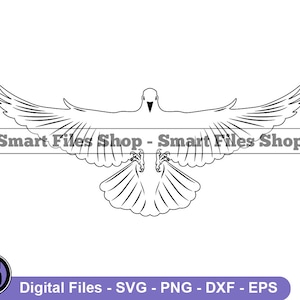 May include: A black and white line drawing of a dove with outstretched wings. The dove is centered and facing forward. The image includes the text "Smart Files Shop - Smart Files Shop" and "Digital Files - SVG - PNG - DXF - EPS".