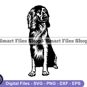 May include: Black and white silhouette of a dog sitting with its head turned to the side. The dog has a long, flowing coat and a long, pointed snout.
