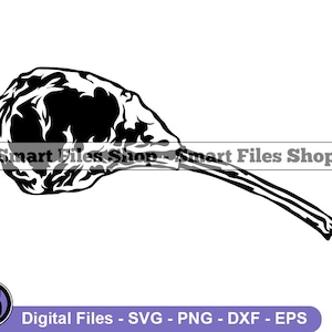 May include: Black and white silhouette of a lamb chop, a cut of meat, with a bone. The image is suitable for use as a design for a chopping board, a stencil, or a sticker.