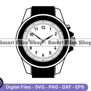 Peut inclure: Illustration en noir et blanc d'une montre-bracelet avec un cadran rond et des aiguilles noires. Le cadran de la montre comporte les chiffres de 1 à 12 et les mots "Smart Files Shop - Smart Files Shop".