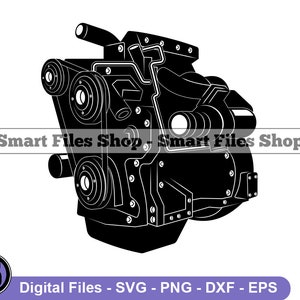 May include: Black and white silhouette of a detailed engine with a belt and pulley system. The engine is a complex mechanical design with many intricate parts.