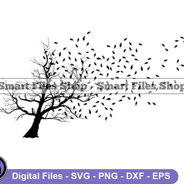 Wind Blowing Leaves Off Tree Svg, Wind Svg, Windy Svg, Autumn Svg, Leaves Svg, Tree Dxf, Tree Png, Tree Clipart, Tree Files, Tree Eps