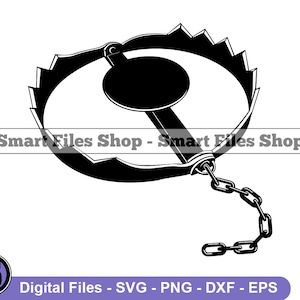 Puede incluir: Ilustración en blanco y negro de una trampa para osos con una cadena unida. La trampa está abierta y la cadena cuelga.