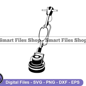 Op de afbeelding: Zwart-witte silhouet van een vloerpolijstmachine met een lange handgreep en een ronde basis.