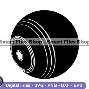 Może przedstawiać: Czarno-biała sylwetka kuli do kręgli z czterema białymi paskami.