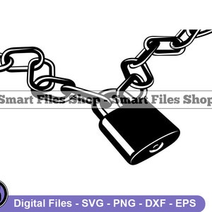 May include: Black and white silhouette of a padlock and chain. The padlock is closed and the chain is linked together.