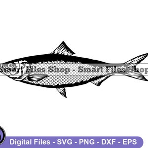 May include: Black and white silhouette of a herring fish with scales. The fish is facing right and has a slightly curved body.