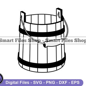 Könnte beinhalten: Eine Schwarzweiß-Zeichnung eines Holz-Eimers mit Henkel. Der Eimer hat einen Seilhenkel und besteht aus Holzlatten.