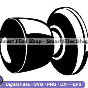 May include: Black and white silhouette of a door knob with a round handle and a flat, circular base.