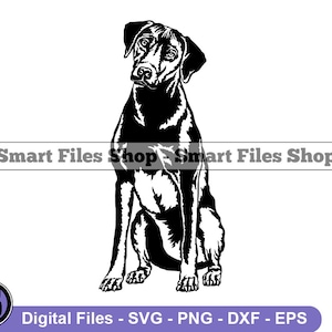 Puede incluir: Ilustración en silueta en blanco y negro de un perro Doberman Pinscher sentado con la cabeza inclinada hacia un lado. El perro está mirando hacia el lado izquierdo de la imagen. La imagen está sobre un fondo blanco.