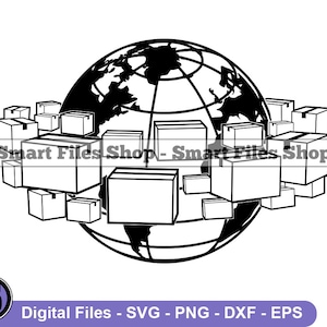 Puede incluir: Ilustración en blanco y negro de un globo terráqueo rodeado de cajas, simbolizando el envío y la entrega global. El texto "Smart Files Shop" aparece dos veces en la imagen.