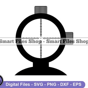 May include: Black and white silhouette of a scope with a crosshair in the center. The scope is mounted on a base.