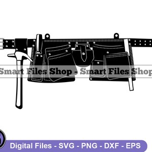 Op de afbeelding: Zwart-witte silhouet van een gereedschapsgordel met meerdere zakken en een hamer. De tekst "Smart Files Shop" staat twee keer op de afbeelding.