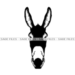 May include: Black and white silhouette of a donkey's head with large ears.