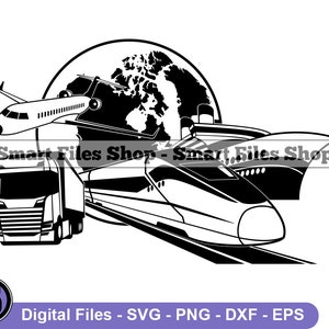 Puede incluir: Ilustración en blanco y negro de un globo terráqueo con un camión, un tren, un avión y un crucero que lo rodean. El texto "Smart Files Shop" está escrito en la imagen.